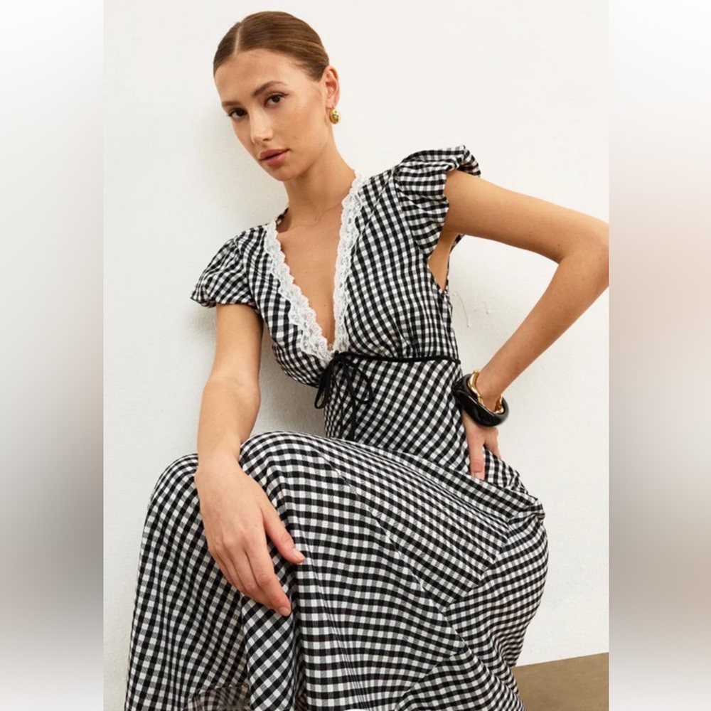 Commense Gingham Lace-Trimmed Midi Dress Size S